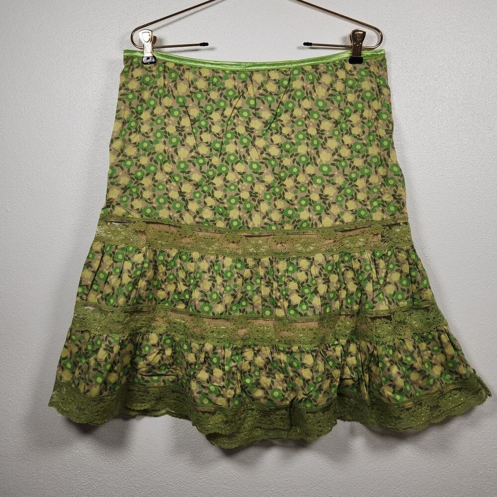 Vintage y2k ROXY Midi Skirt Floral Flowers Lace Green Boho Hippie Medium